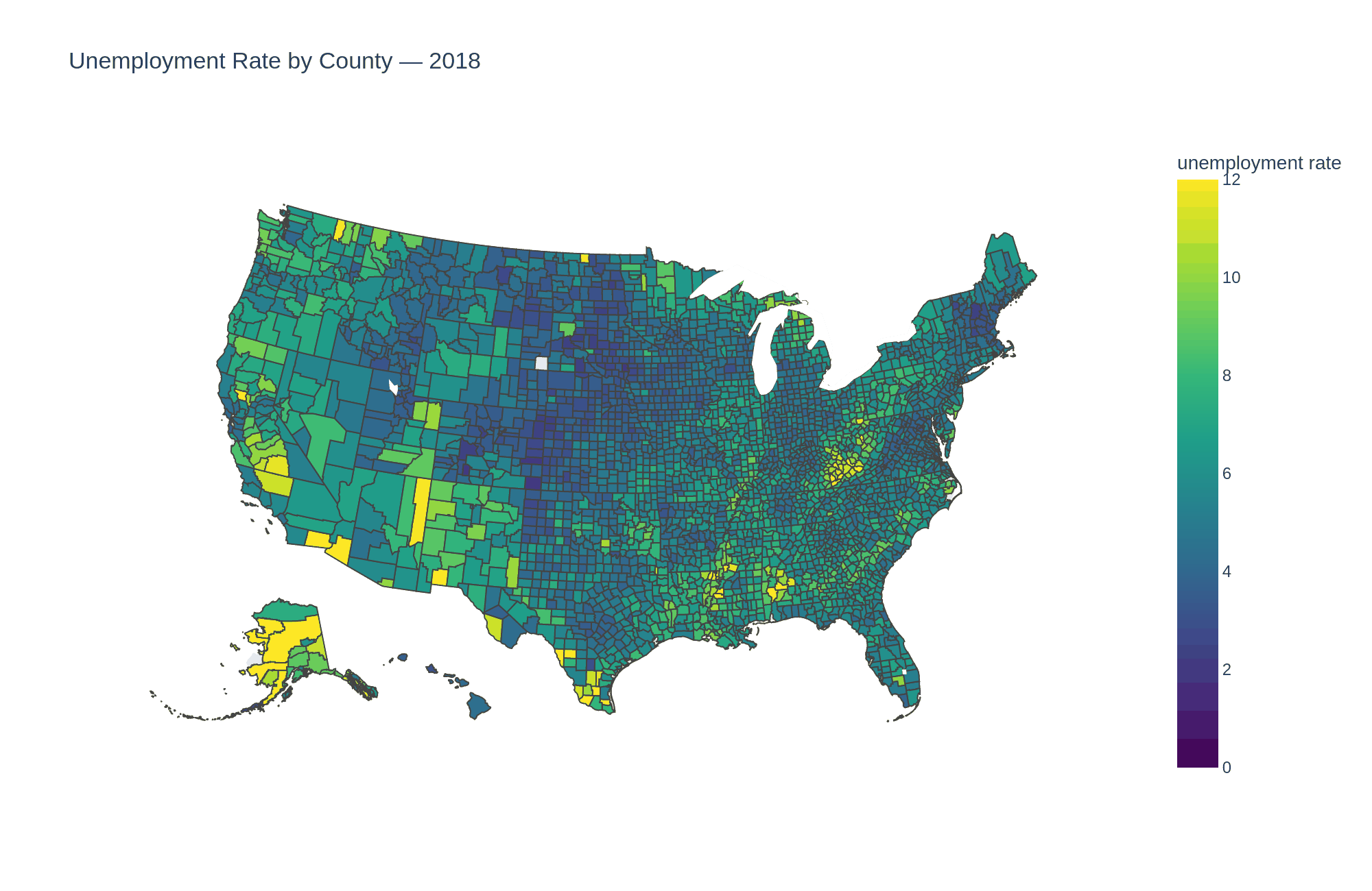 US Unemployment Rate 2018-2022 A green-blue chloropleth map of the United States' enemployment rate by county