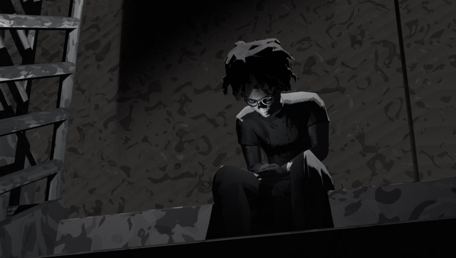 Bryné sits alone in a darkened stairwell, debating what they should do next. A person in grayscale with dark hair and glasses sits inside of a dim stairwell and looks at the ground.